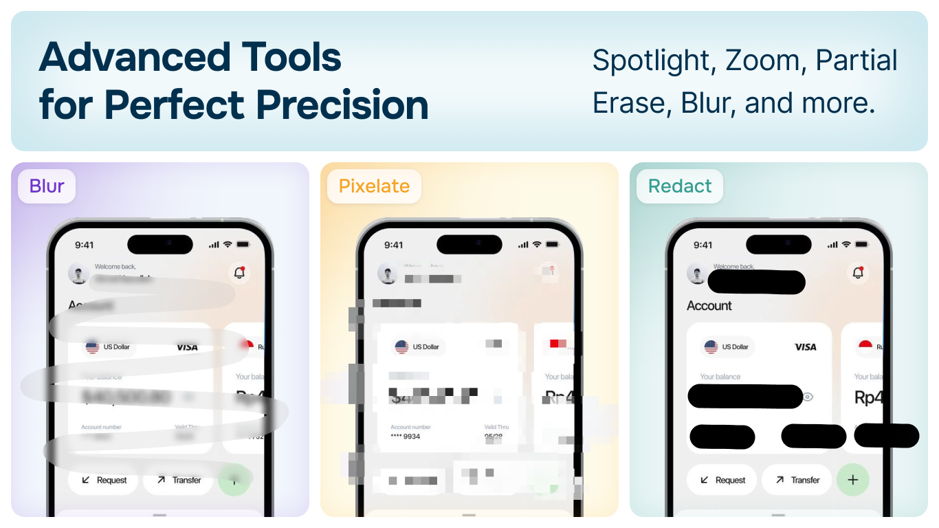 Advanced tools including spotlight, zoom, blur, and redact features